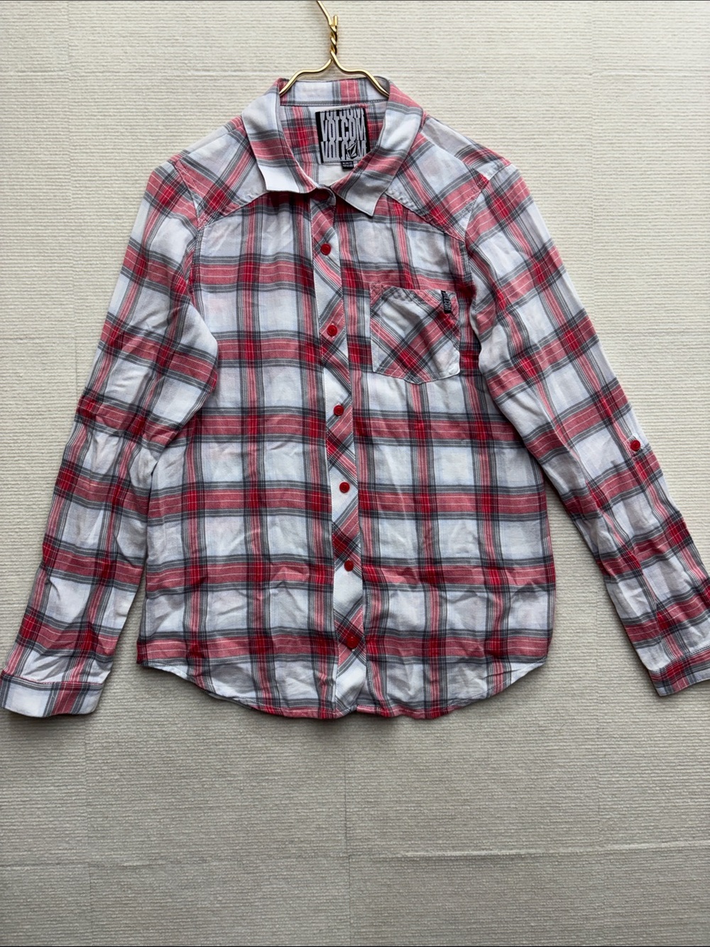 Volcom Red and White Plaid Long-Sleeve Button-Down Shirt
